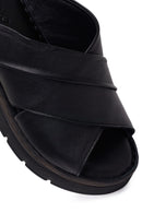 Woman Black Wedge Leather Comfort Slippers | Derimod