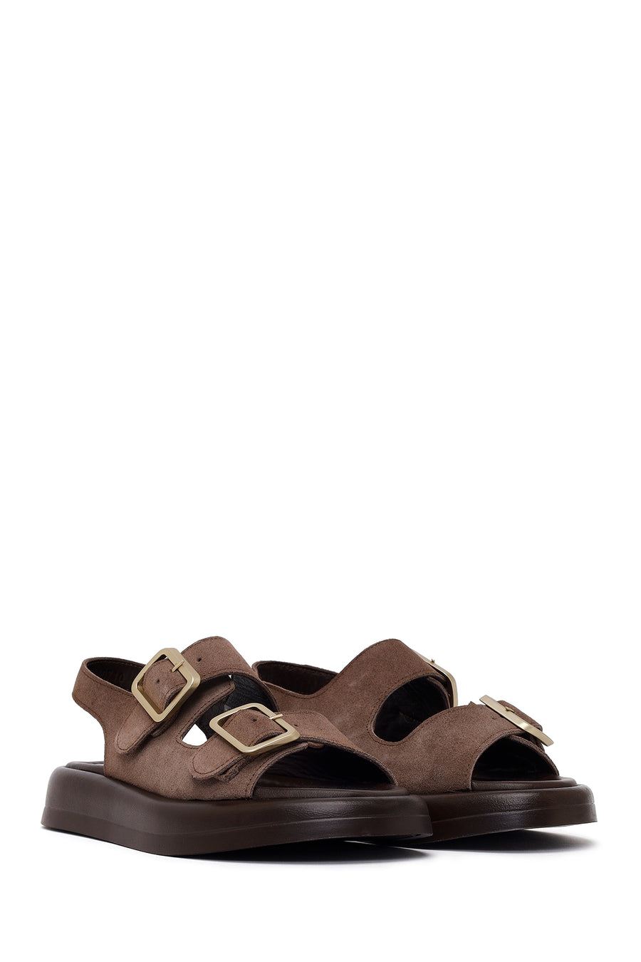 Woman Brown Thick-Soled Back-Buckle Suede Sandal
