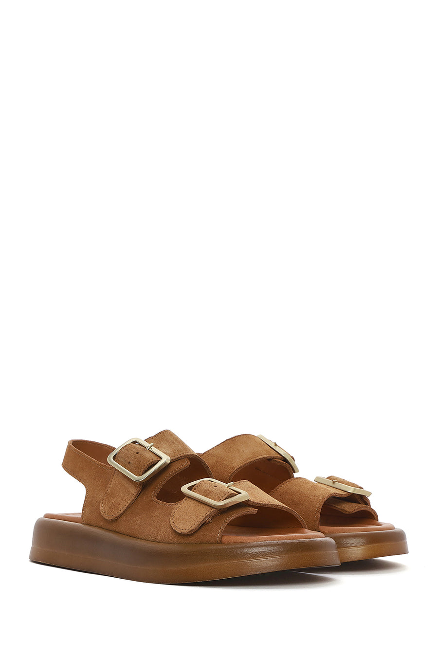 Women's Tan Suede Leather Sandals with Buckle Back and Thick Sole