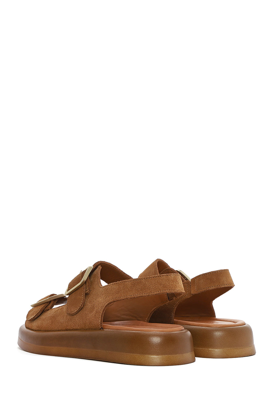 Women's Tan Suede Leather Sandals with Buckle Back and Thick Sole