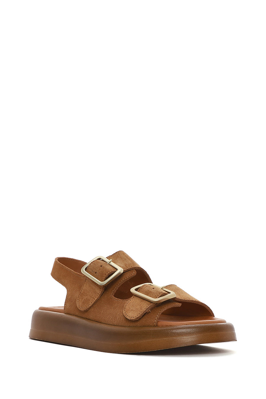 Women's Tan Suede Leather Sandals with Buckle Back and Thick Sole