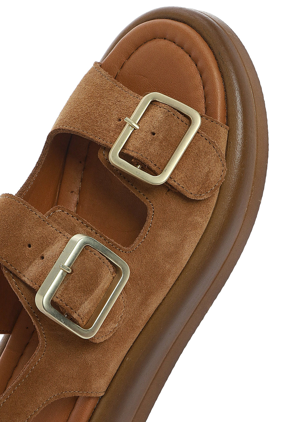 Women's Tan Suede Leather Sandals with Buckle Back and Thick Sole