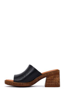 Woman Black Chunky-Heeled Leather Slippers | Derimod