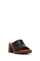 Woman Black Chunky-Heeled Leather Slippers | Derimod
