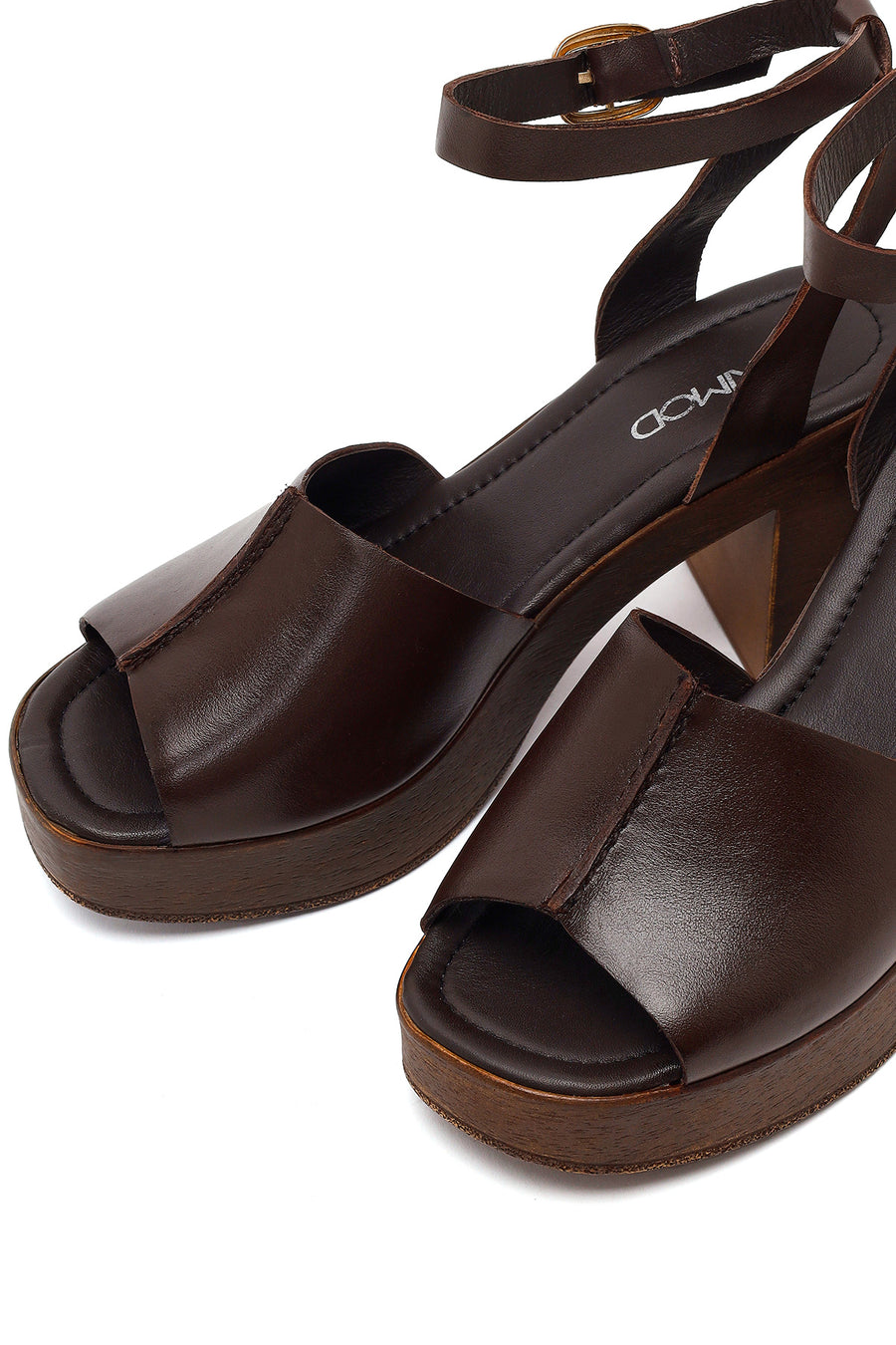 Women's Brown Ankle Buckle Platform Chunky Heel Leather Sandals