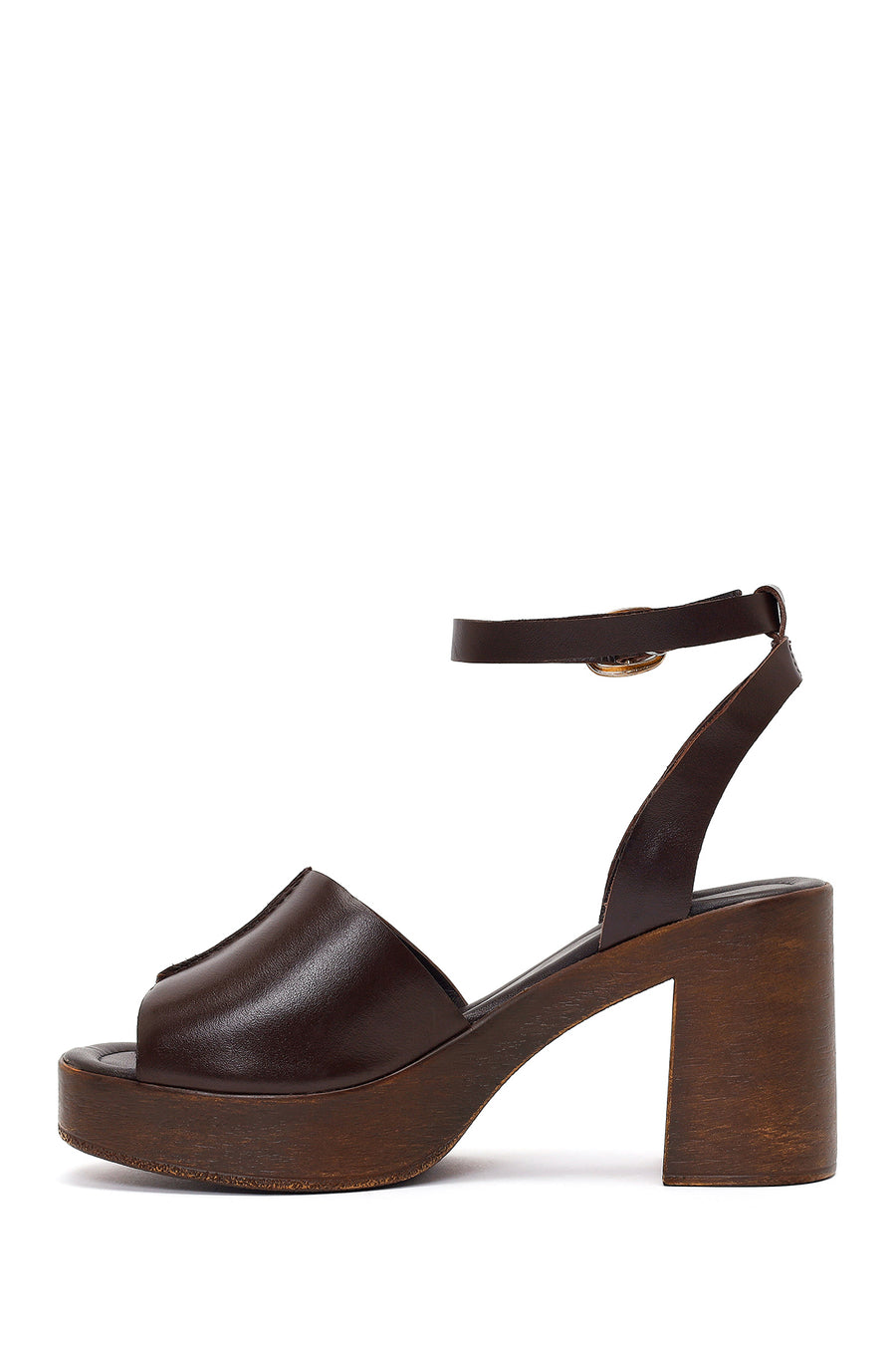 Women's Brown Ankle Buckle Platform Chunky Heel Leather Sandals