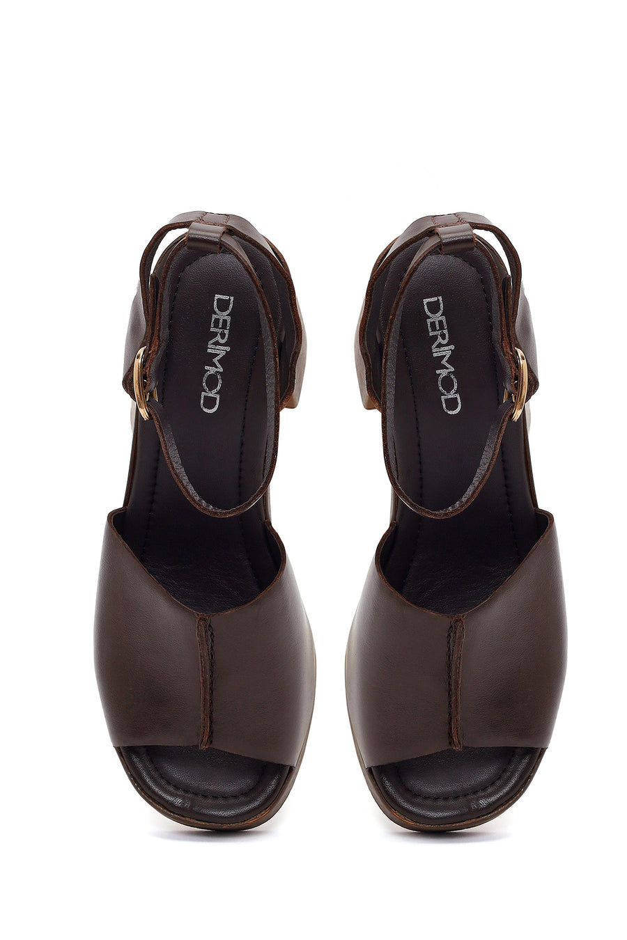 Women's Brown Ankle Buckle Platform Chunky Heel Leather Sandals