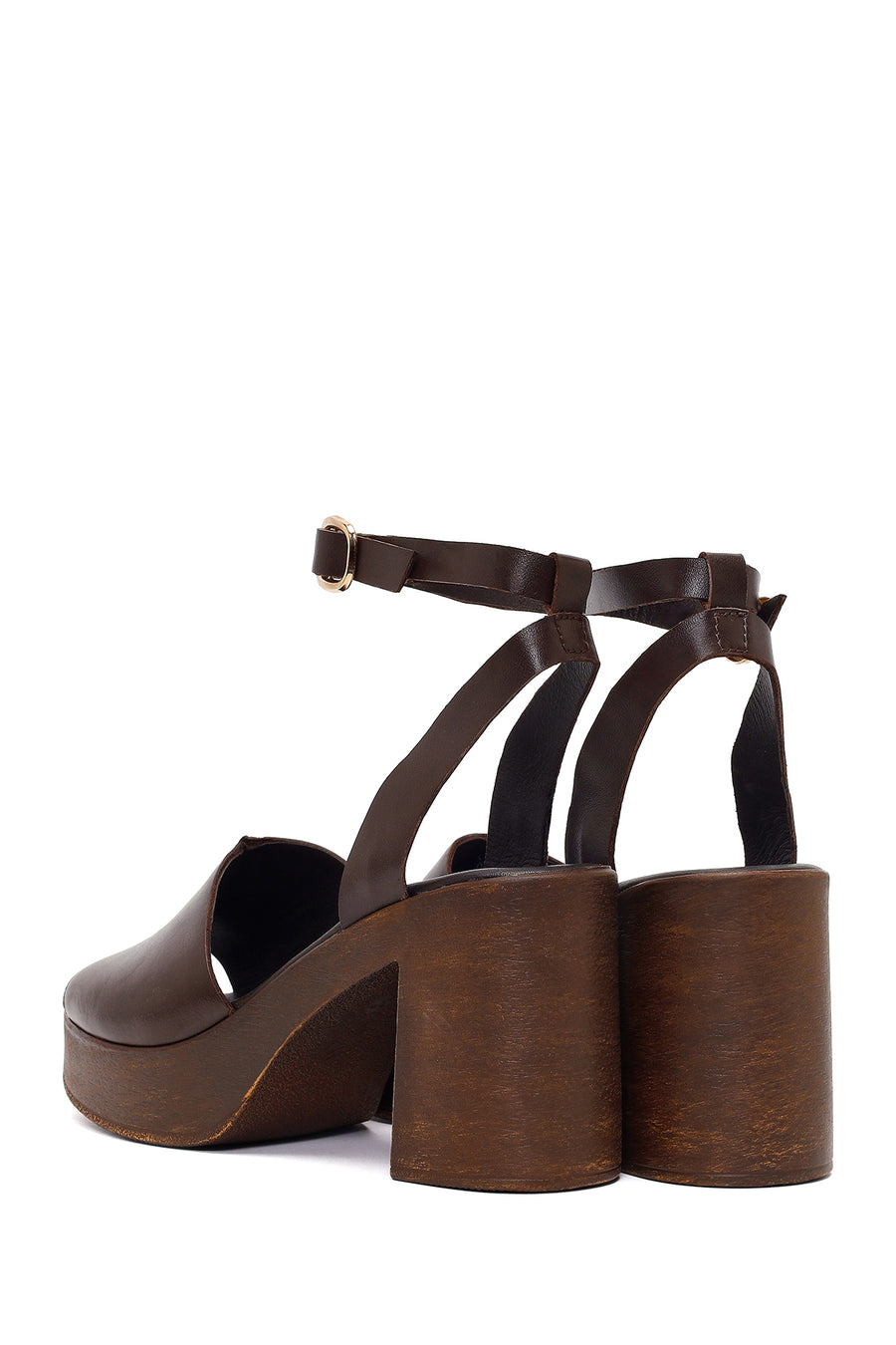 Women's Brown Ankle Buckle Platform Chunky Heel Leather Sandals