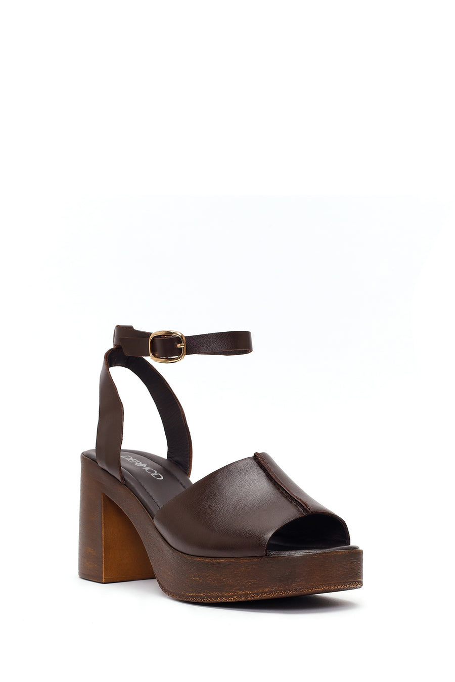 Women's Brown Ankle Buckle Platform Chunky Heel Leather Sandals