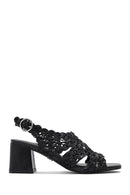 Kadın Siyah Örgülü Metalik Kalın Kısa Topuklu Sandalet | Derimod