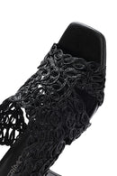 Kadın Siyah Örgülü Metalik Kalın Kısa Topuklu Sandalet | Derimod