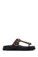 Woman Black Rhinestone Straw Flip-Flops | Derimod