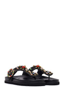 Woman Black Rhinestone Straw Flip-Flops | Derimod
