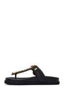 Woman Black Rhinestone Straw Flip-Flops | Derimod