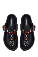Woman Black Rhinestone Straw Flip-Flops | Derimod