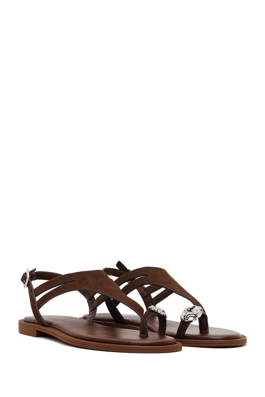 Woman Brown Buckled Suede Thong Sandal