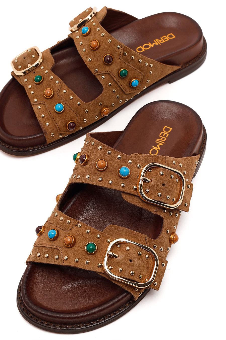 Women's Tan Studded Suede Leather Slippers