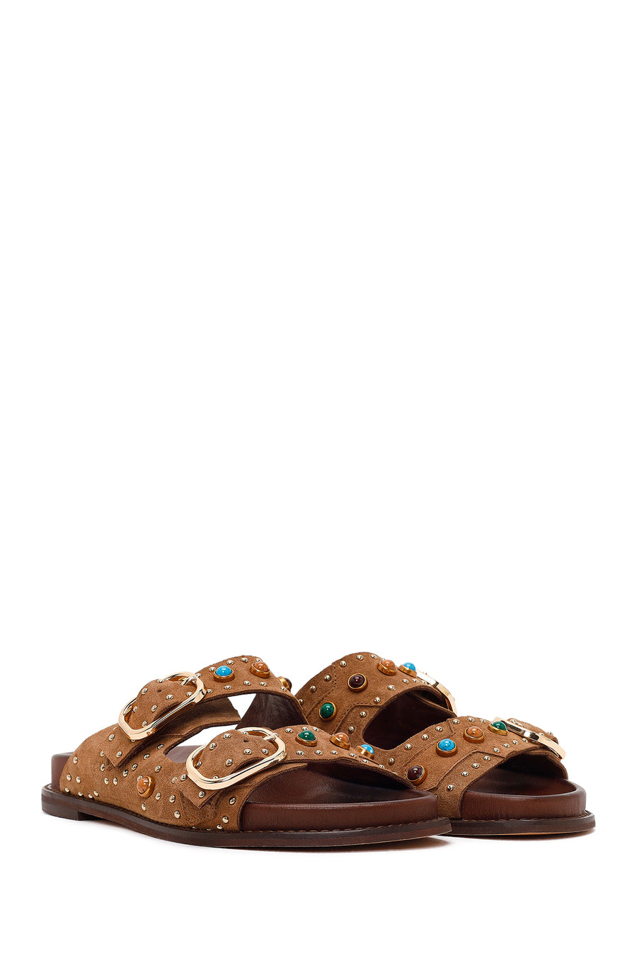 Women's Tan Studded Suede Leather Slippers
