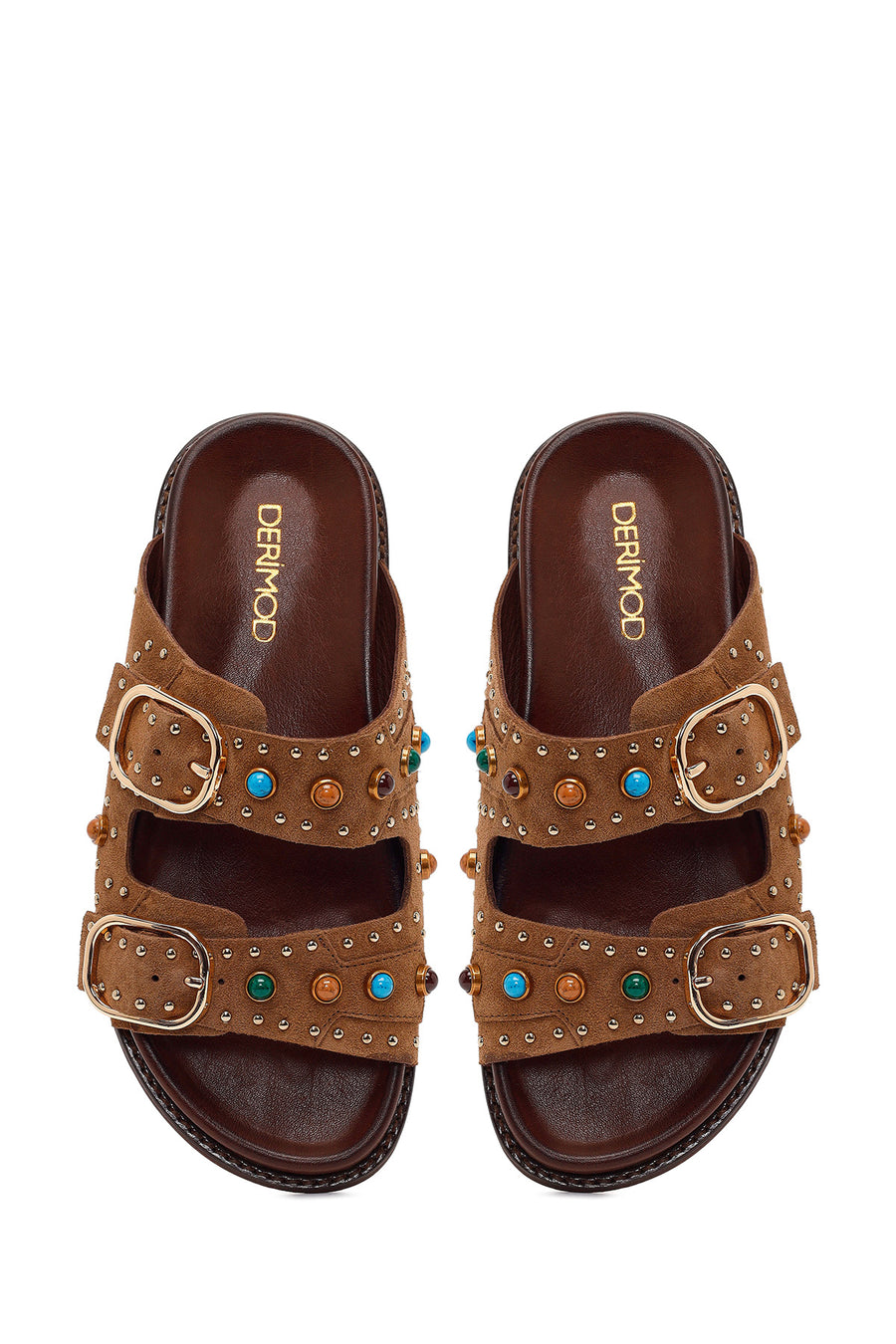 Women's Tan Studded Suede Leather Slippers