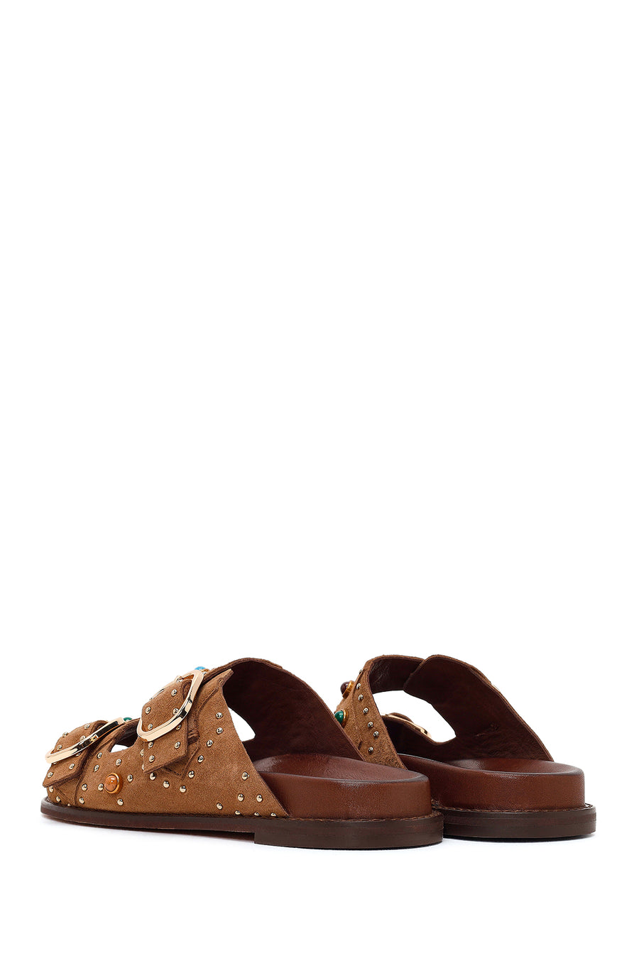 Women's Tan Studded Suede Leather Slippers