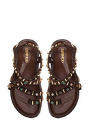 Woman Brown Embellished Suede Leather Sandals | Derimod