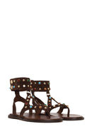 Woman Brown Embellished Toe-Post Suede Leather Sandals | Derimod