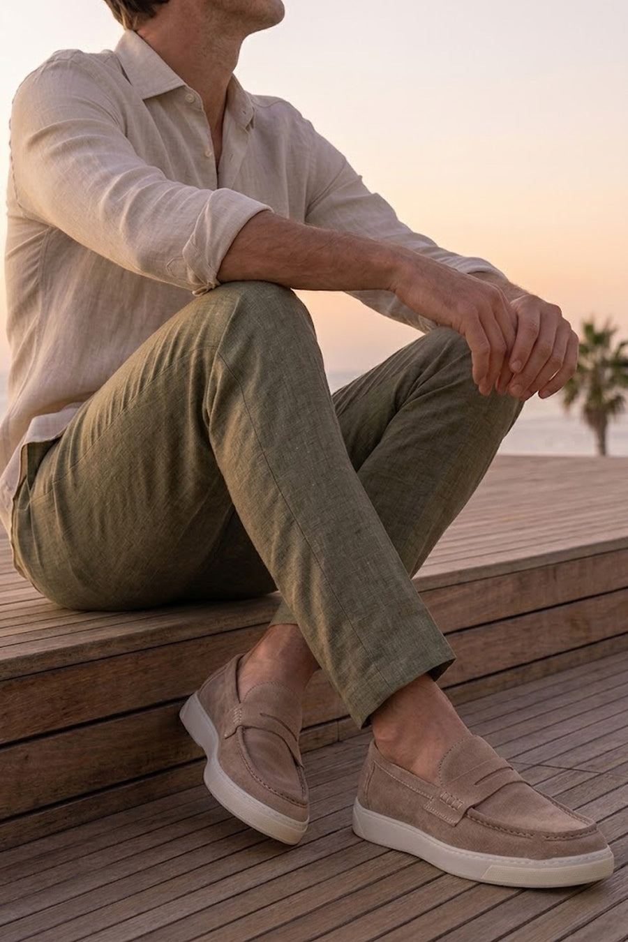 Men's Beige Chunky Suede Leather Loafers