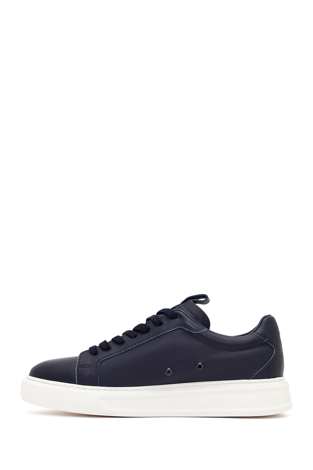 Erkek Lacivert Bağcıklı Kalın Tabanlı Deri Sneaker