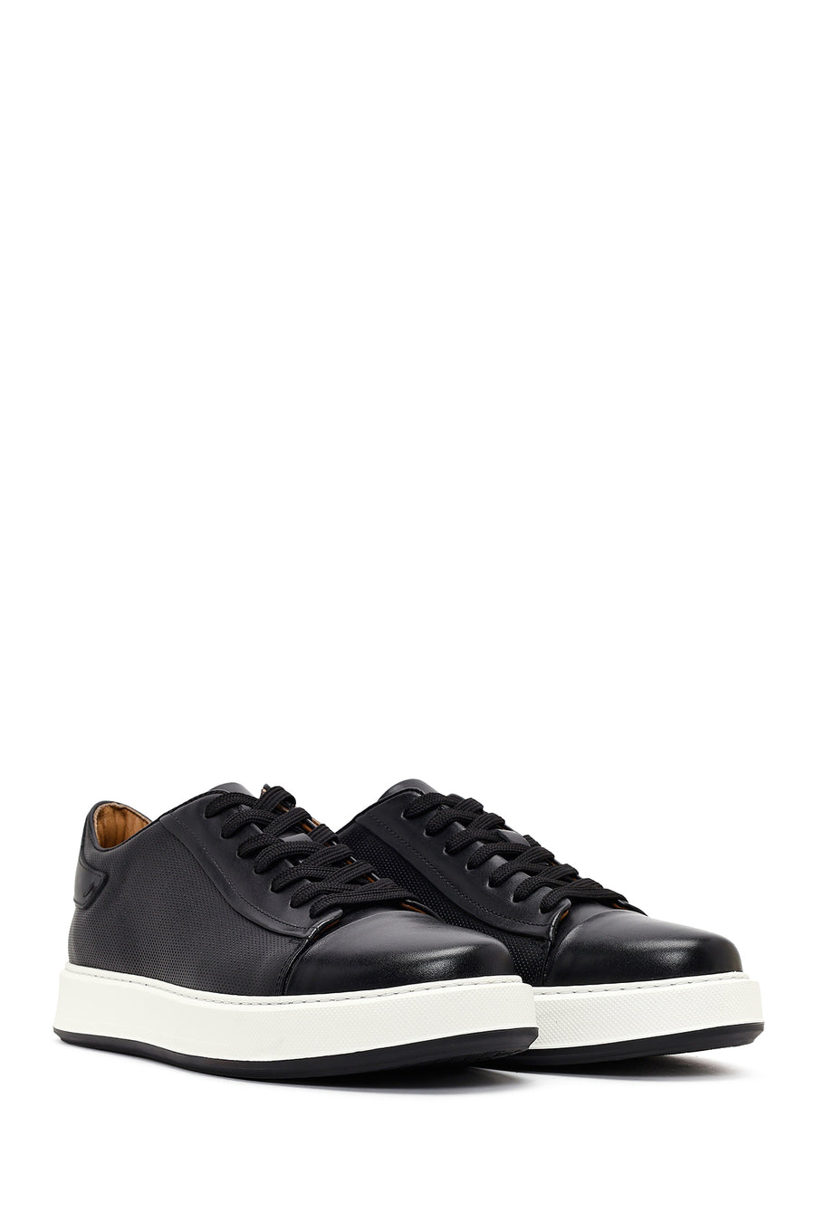 Men's Black Lace-up Thick-Sole Leather Sneaker