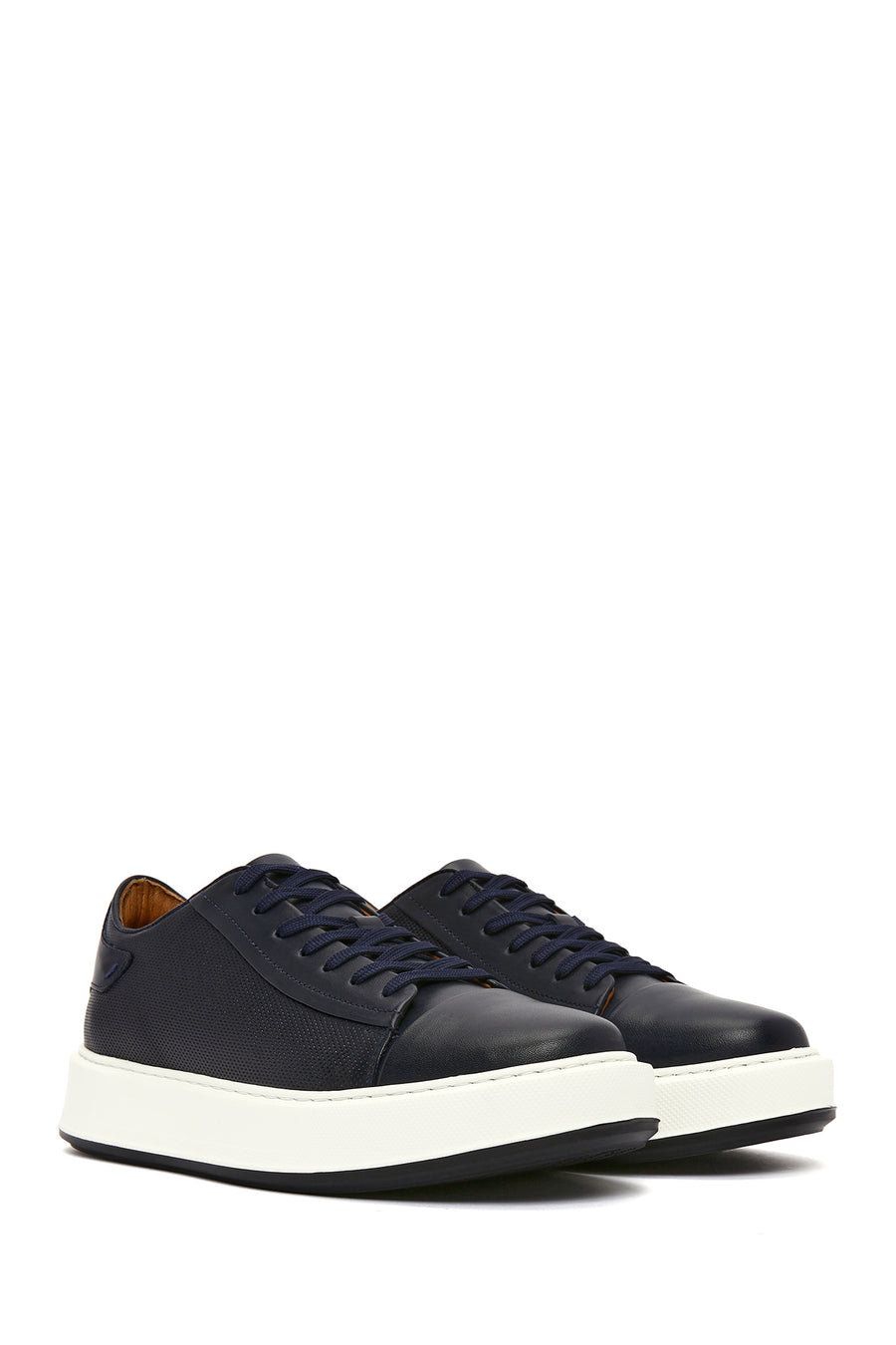 Men's Navy Blue Lace-up Thick-Sole Leather Sneaker