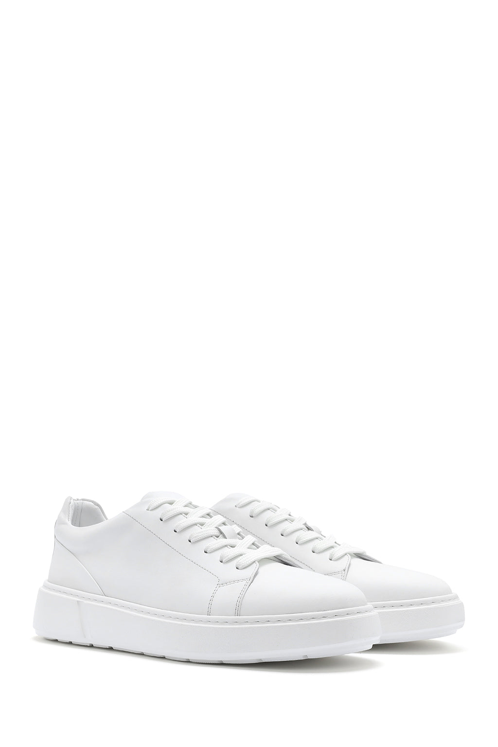 Erkek Beyaz Bağcıklı Kalın Tabanlı Deri Sneaker