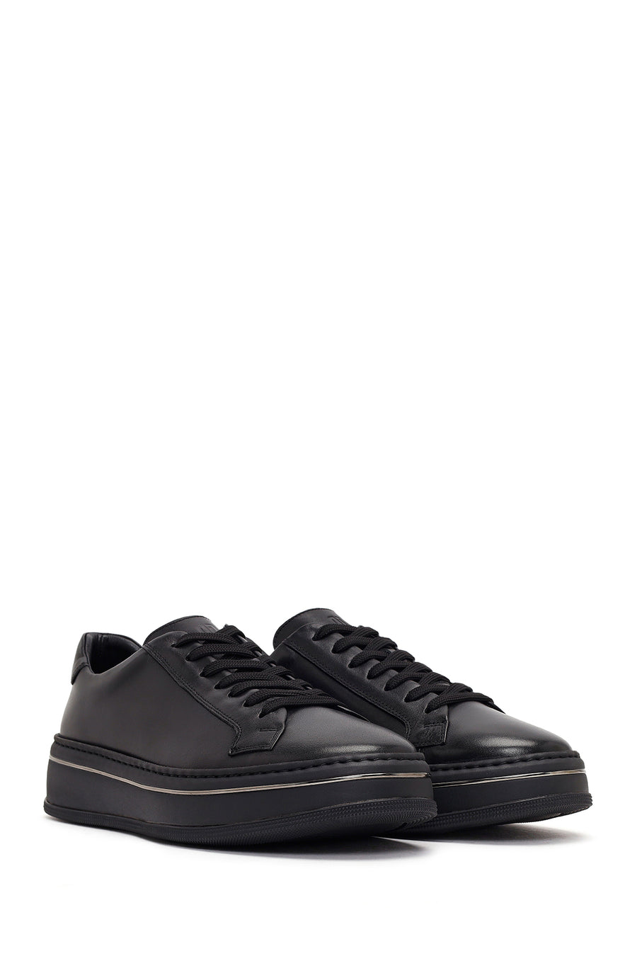 Men's Black Lace-up Thick-Sole Leather Sneaker