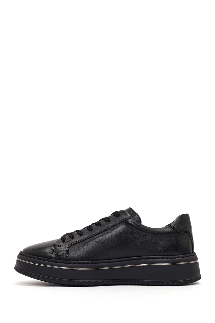 Men's Black Lace-up Thick-Sole Leather Sneaker