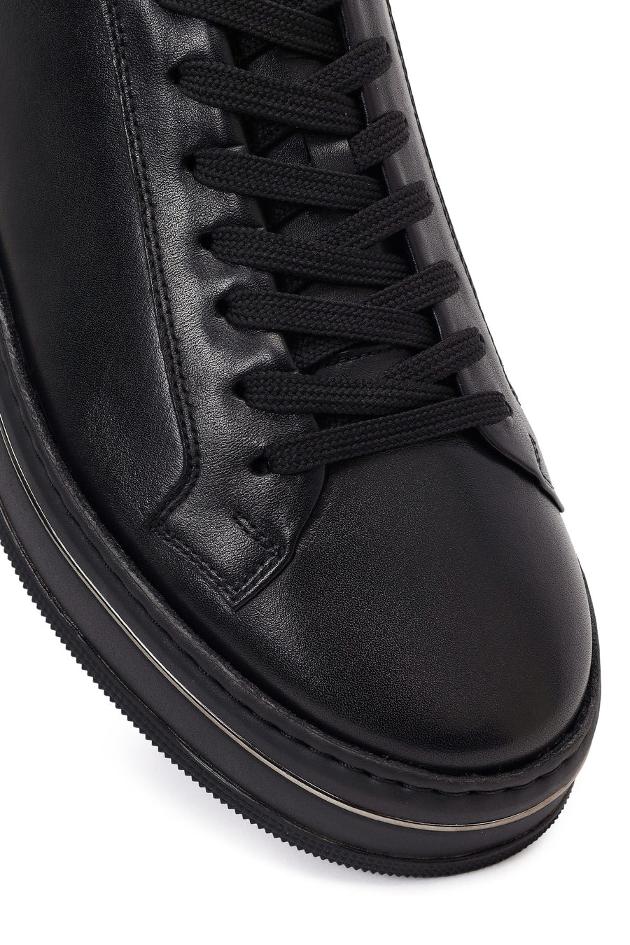 Men's Black Lace-up Thick-Sole Leather Sneaker