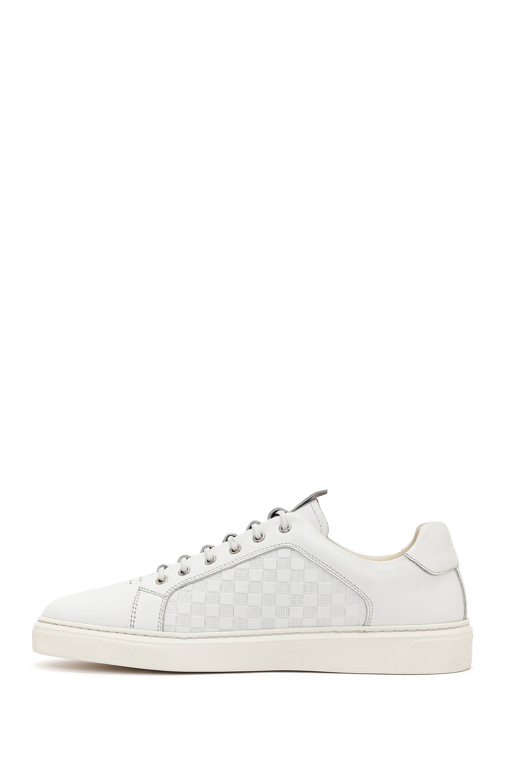 Erkek Beyaz Bağcıklı Kalın Tabanlı Desenli Deri Sneaker