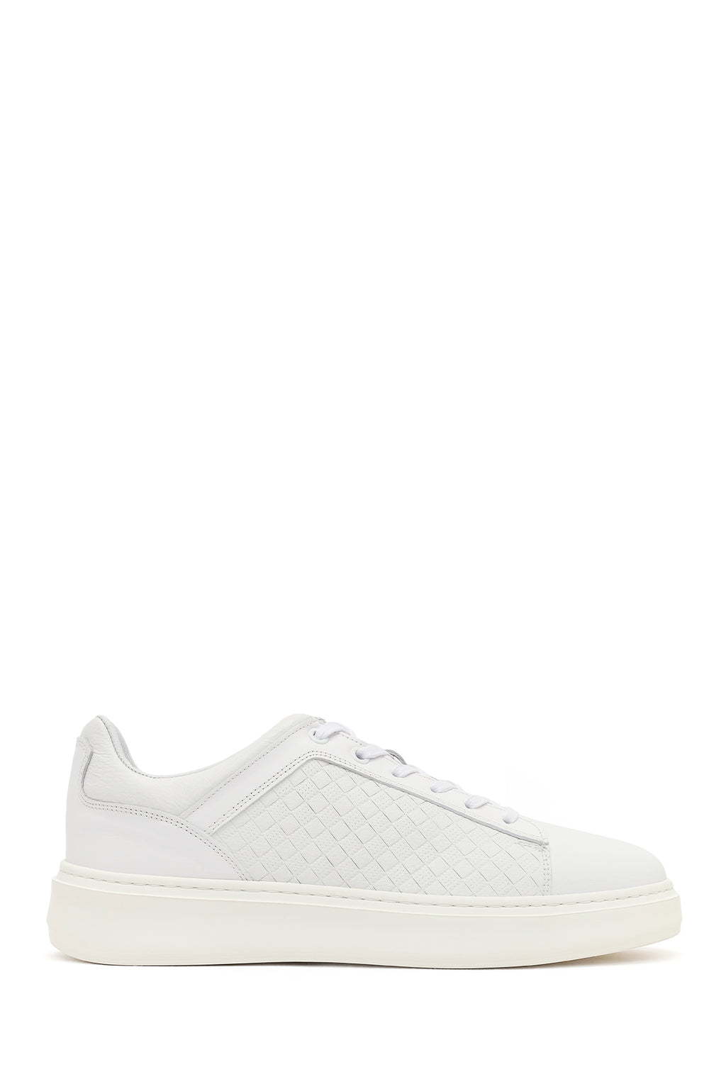 Erkek Beyaz Bağcıklı Kalın Tabanlı Deri Sneaker