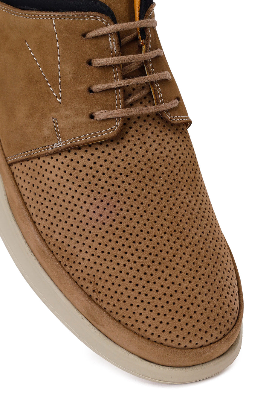 Men's Beige Lace-Up Chunky Sole Nubuck Leather Casual Shoes