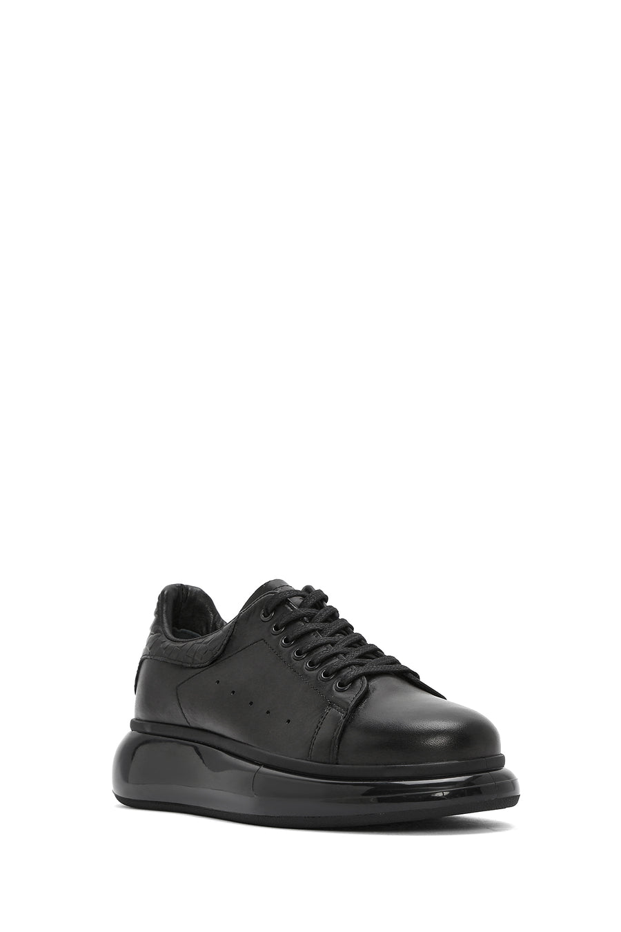 Erkek Siyah Bağcıklı Kalın Tabanlı Deri Sneaker