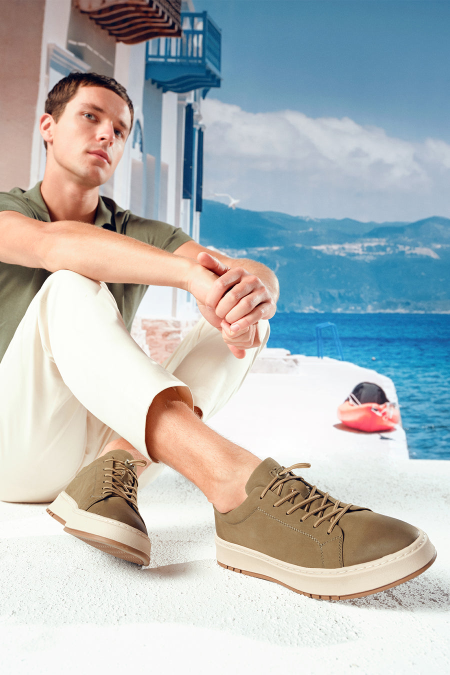 Men's Khaki Lace-Up Nubuck Leather Sneaker
