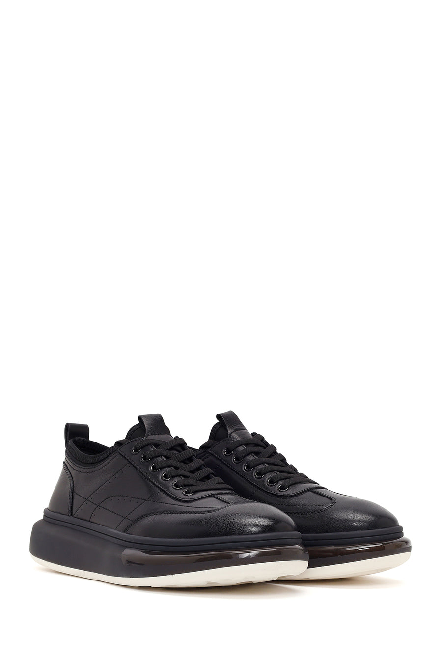 Men's Black Lace-up Thick-Sole Leather Sneaker