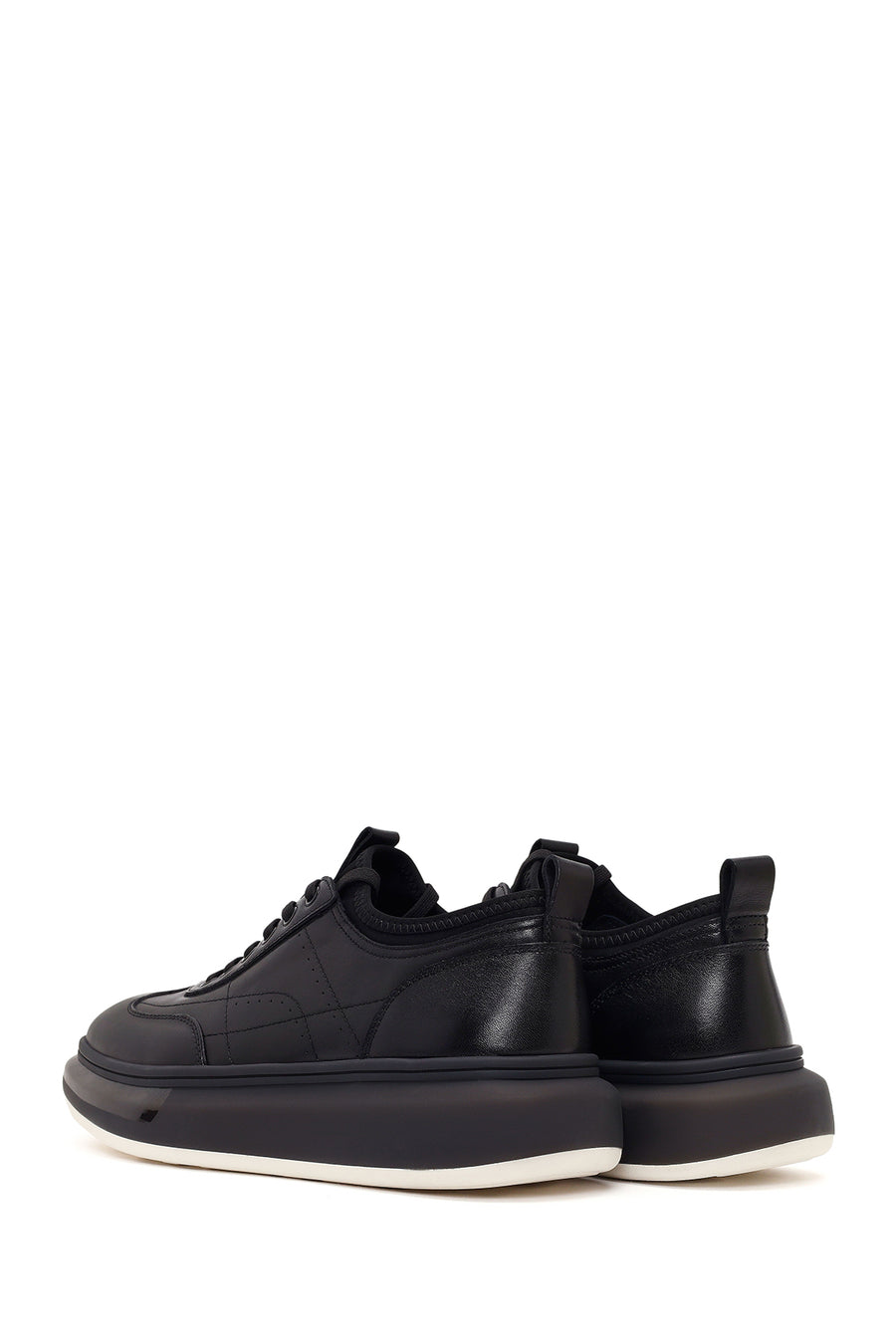 Men's Black Lace-up Thick-Sole Leather Sneaker