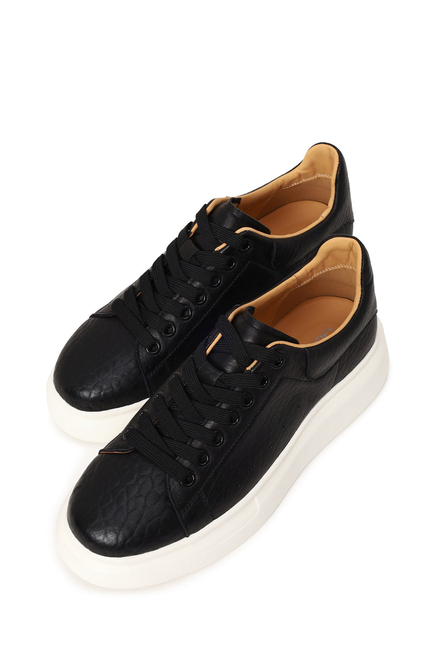 Male Black Lace-Up Thick-Soled Patterned Leather Sneakers