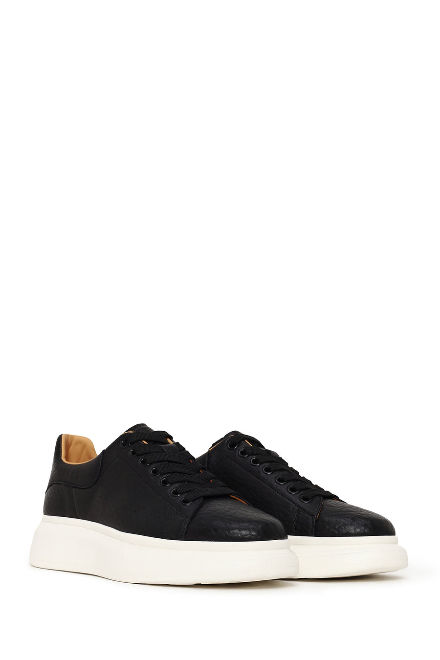Male Black Lace-Up Thick-Soled Patterned Leather Sneakers