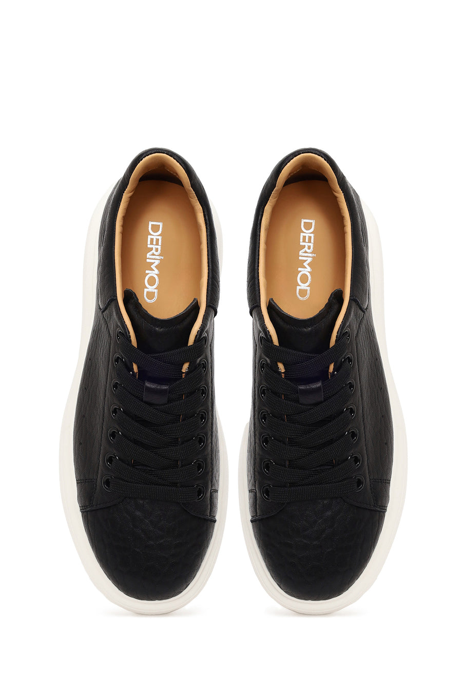 Male Black Lace-Up Thick-Soled Patterned Leather Sneakers