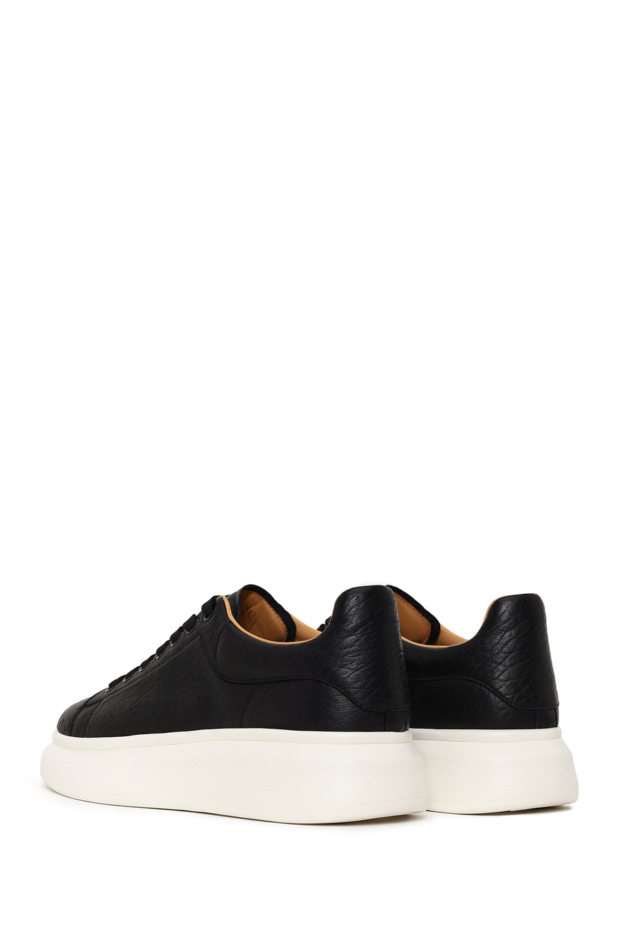 Male Black Lace-Up Thick-Soled Patterned Leather Sneakers
