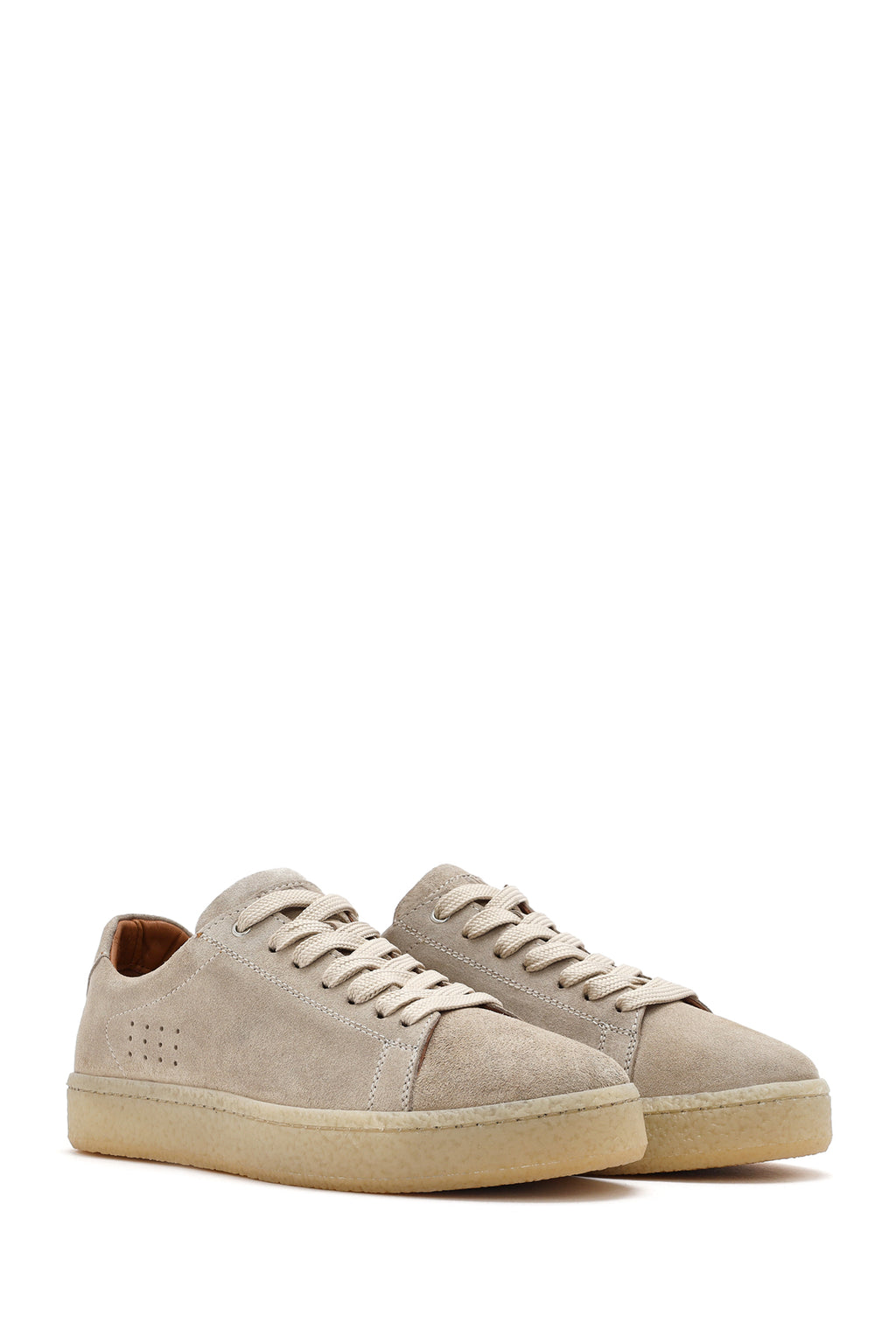 Erkek Bej Bağcıklı Kalın Tabanlı Süet Deri Sneaker