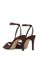 Kadın Kahverengi Bilekten Tokalı Yüksek İnce Topuklu Kumaş Sandalet | Derimod