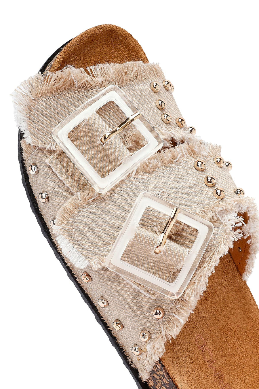Women's Beige Double Buckle Studded Fabric Slippers