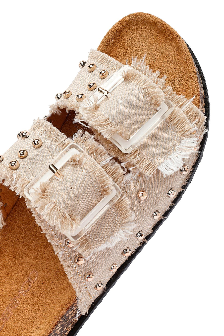 Women's Beige Double Buckle Studded Fabric Slippers