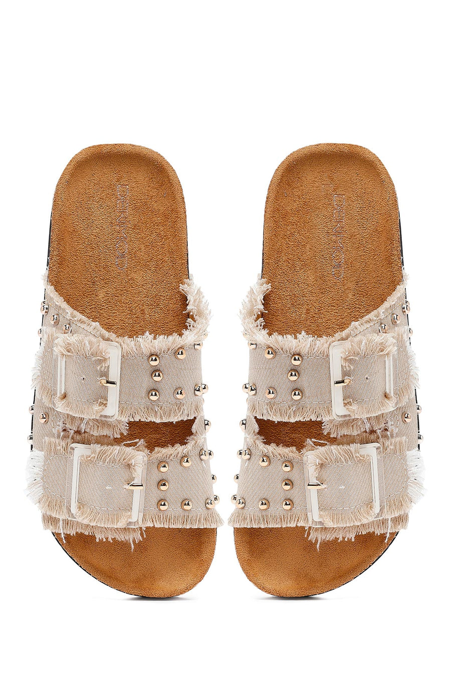 Women's Beige Double Buckle Studded Fabric Slippers